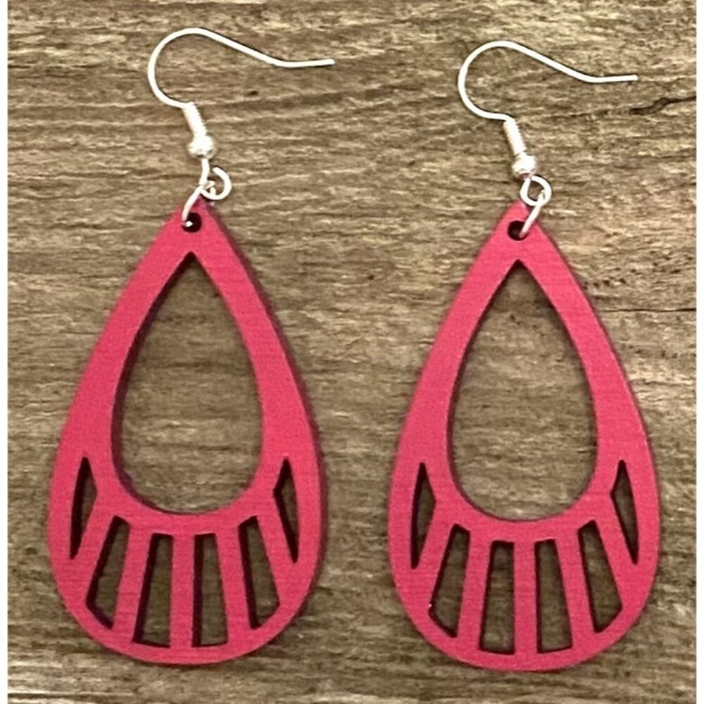 Wood Earrings - 2" x 1.54" - Teardrop - Magenta - E009-33